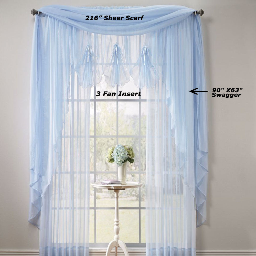Voile Extra Long Sheer Curtains Panels and Scarf hanging on a decorative rod 