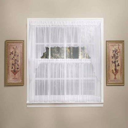 White Sheer Voile Kitchen Valance, Swags and Tier Curtains hanging on a curtain rod