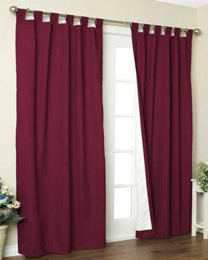 Burgundy Thermalogic Weathermate Tab Top Extra Wide Patio Panel Pair hanging on decorative rod